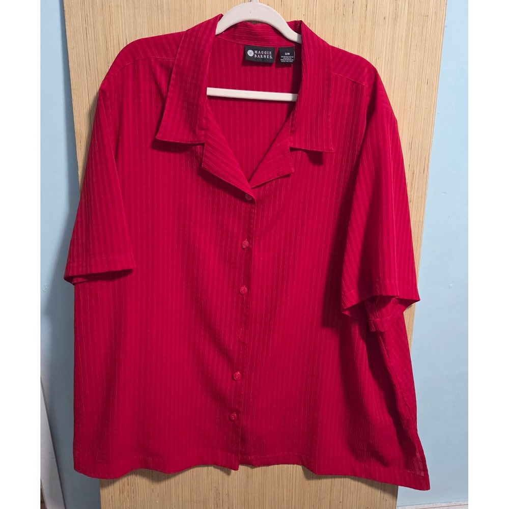 Maggie Barnes Red Textured Stripe Button Up Blouse‎ Short Sleeve Plus Size 32W